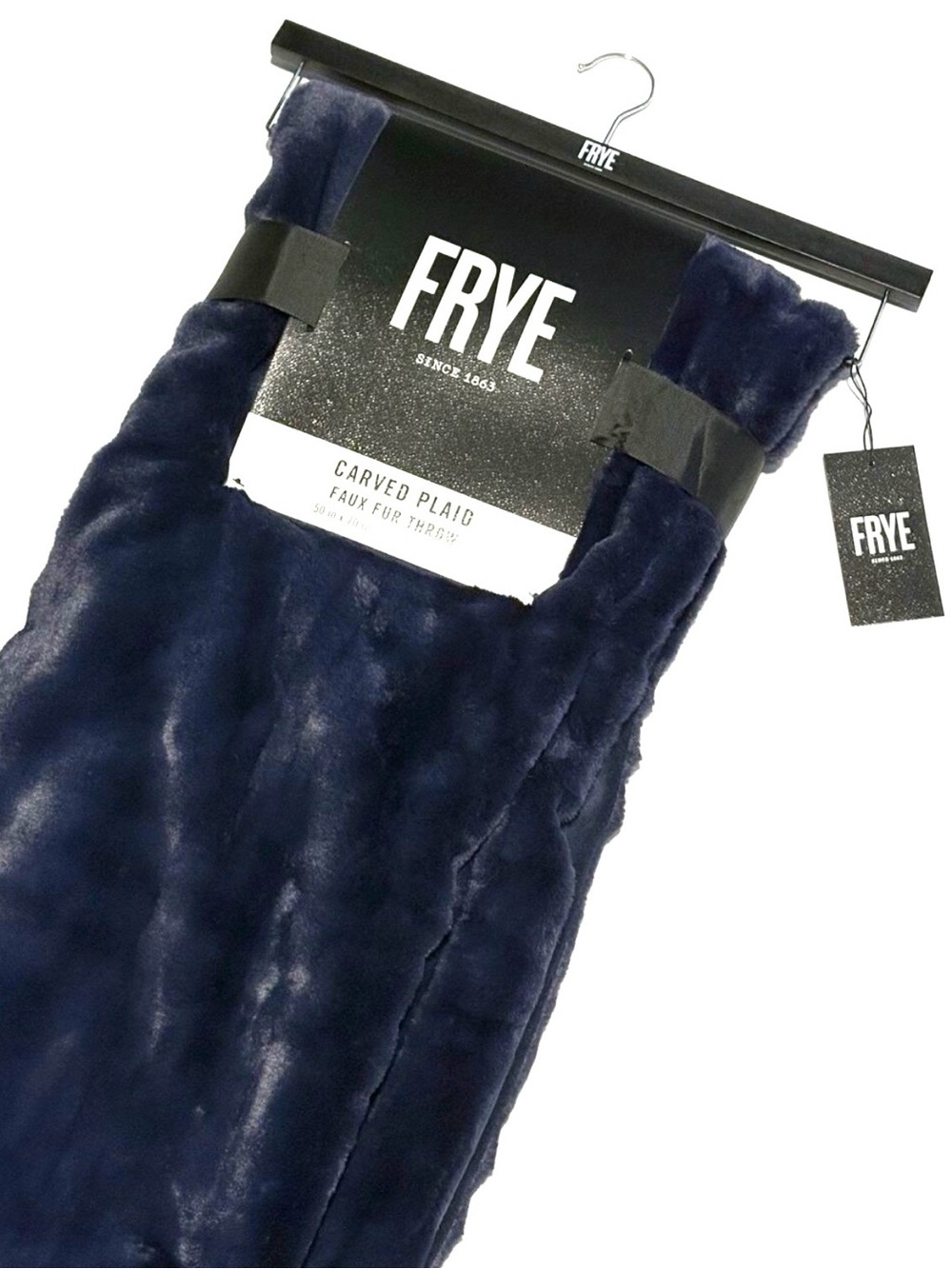 FRYE Faux Fur Throw Blanket Dark Navy Blue TEXTURED plaid 50 X 70" NWT